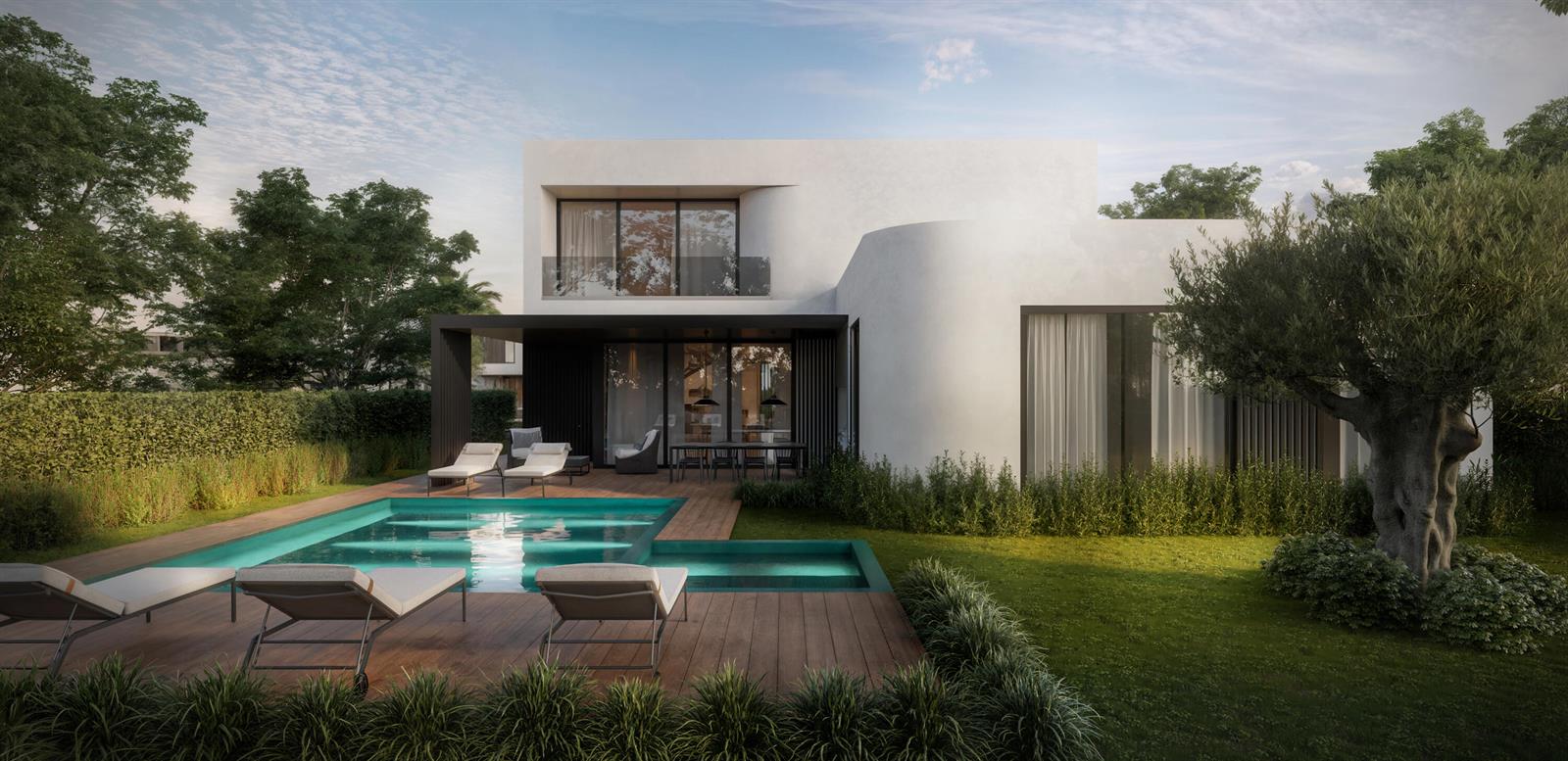 This architectural rendering shows a modern two-story white villa with a pool and wooden deck — 251 NW 10th Street, Boca Raton FL 33432, BOCA RATON, FL