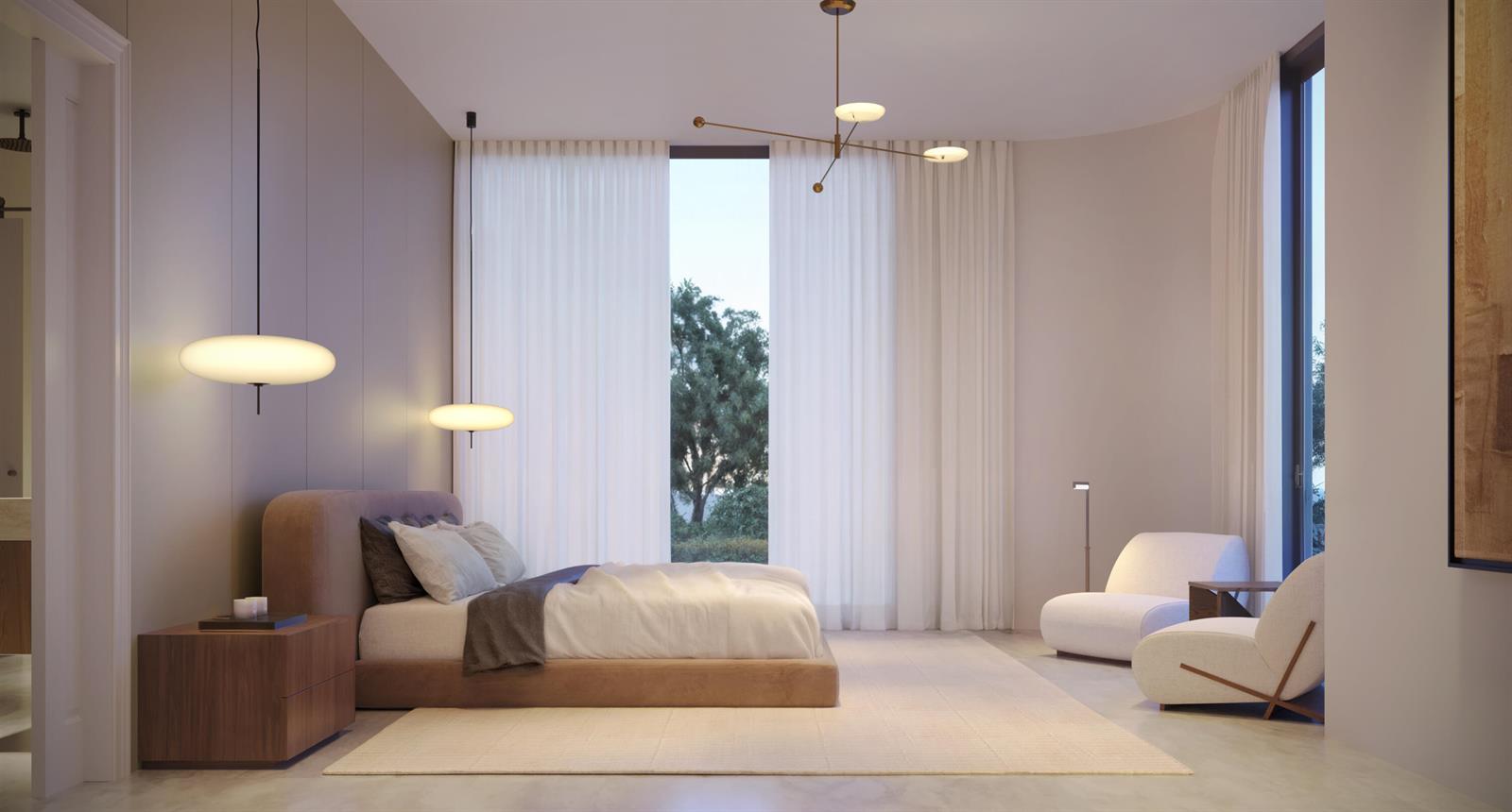 This rendering shows a modern bedroom with a platform bed, pendant lights, and two chairs — 251 NW 10th Street, Boca Raton FL 33432, BOCA RATON, FL