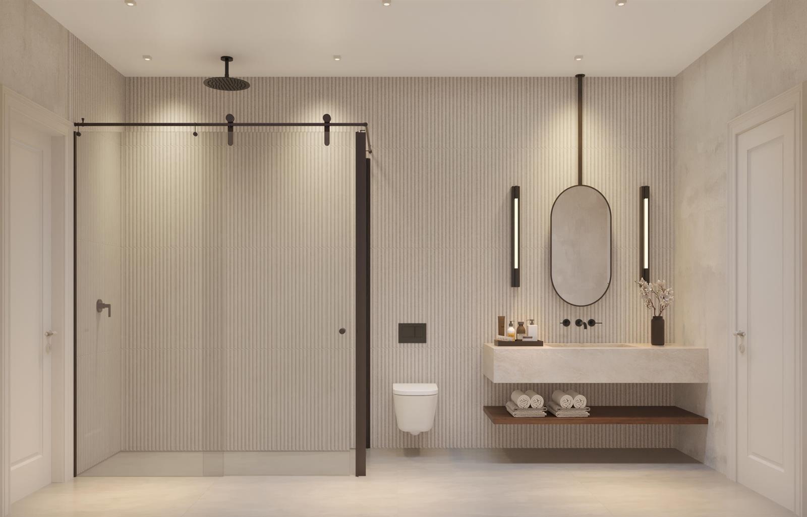 This rendering shows a modern bathroom with a walk-in shower, wall-mounted toilet, and floating vanity — 251 NW 10th Street, Boca Raton FL 33432, BOCA RATON, FL