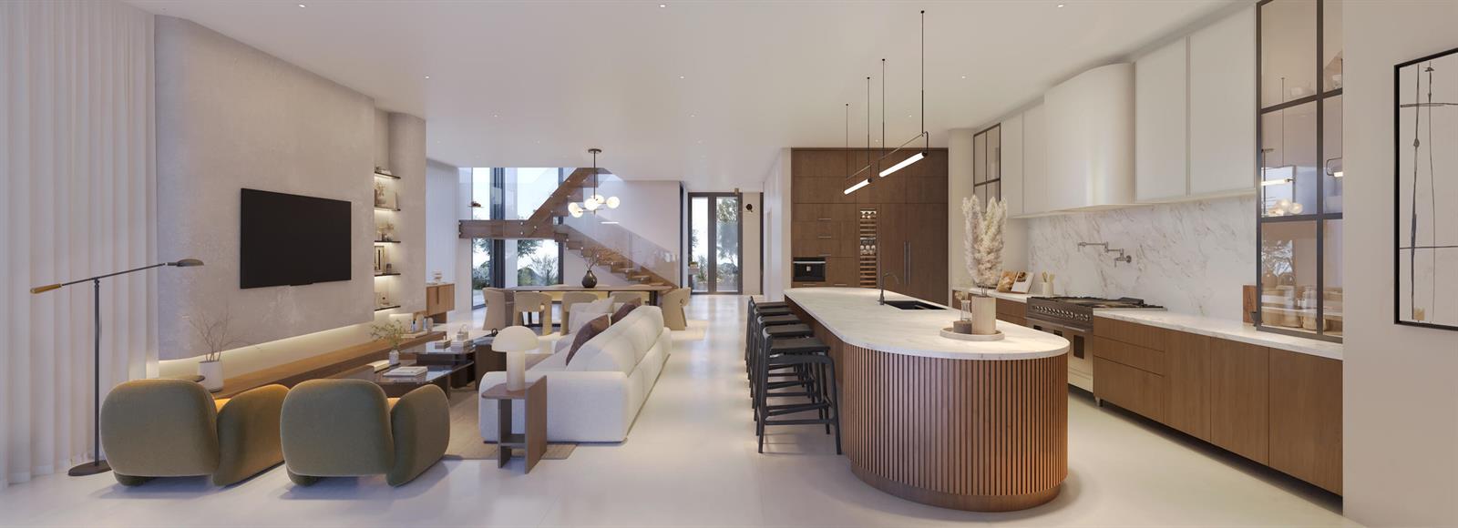 This rendering shows an open-concept living room and kitchen with a curved wooden island — 251 NW 10th Street, Boca Raton FL 33432, BOCA RATON, FL