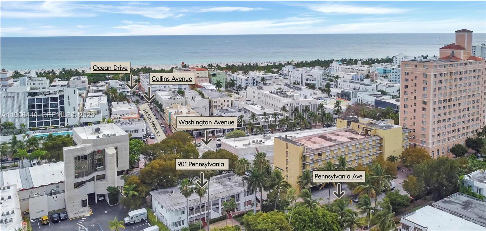 An aerial view of a Miami Beach neighborhood showing streets, buildings, and the ocean — 901 Pennsylvania Ave, Miami Beach FL 33139, MIAMI BEACH, FL