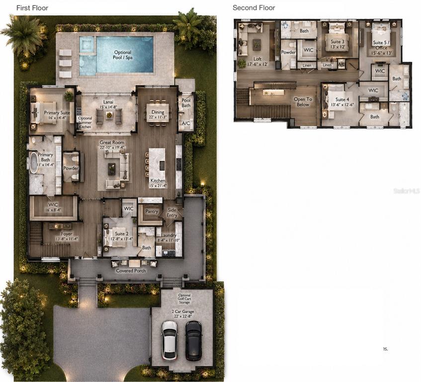 This is a floor plan rendering of a two-story house with a pool and garage — 1134 PRADO LANE, OAKLAND, FL