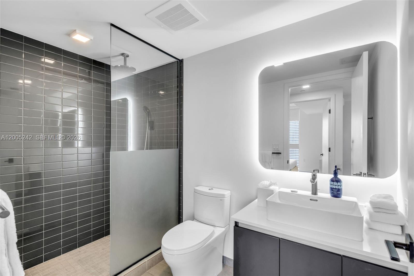 A modern bathroom features a glass-enclosed shower, a white vessel sink, and dark cabinetry — 227 NE 2nd St # 2503, Miami FL 33132, MIAMI, FL