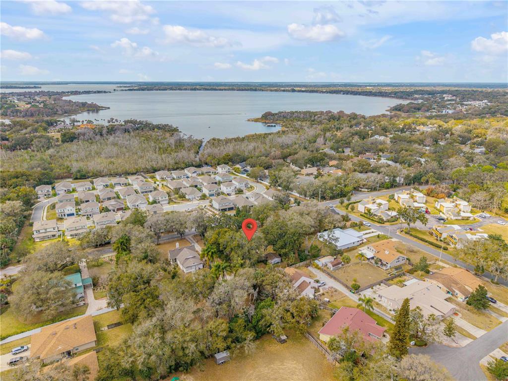 An aerial view shows a residential neighborhood with a red pin marking a wooded lot — 0 S CLAYTON STREET, MOUNT DORA, FL