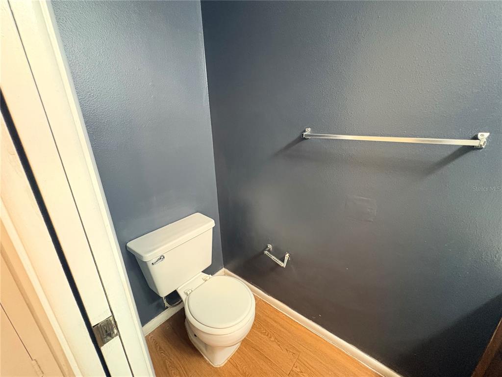 A small bathroom features a white toilet, wood-look flooring, and dark blue walls — 7907 TANGERINE DRIVE, TAMPA, FL