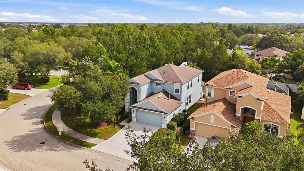 An aerial view shows two suburban houses with driveways and surrounding trees on a cul-de-sac — 6417 BLUE GROSBEAK CIRCLE, BRADENTON, FL