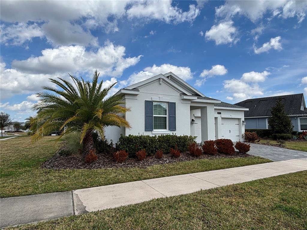 A single-story house with a palm tree, blue shutters, and a paved driveway — 4697 FAIRY TALE CIRCLE, KISSIMMEE, FL