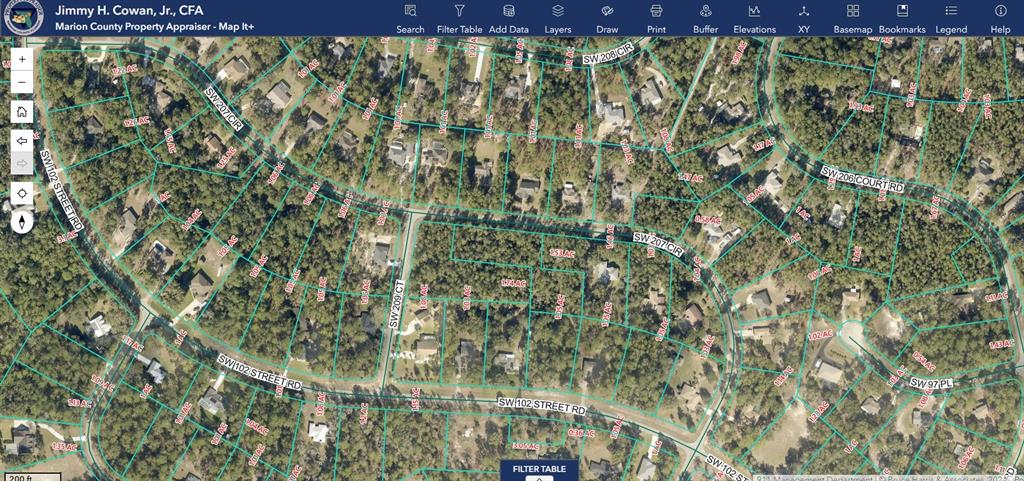 This is a satellite map view of a residential neighborhood with outlined property parcels — Lot 001 SW 207TH CIRCLE, DUNNELLON, FL