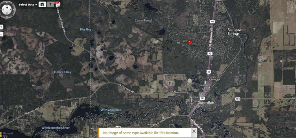 This is a satellite map showing the location of a property near Dunnellon, Florida — Lot 001 SW 207TH CIRCLE, DUNNELLON, FL