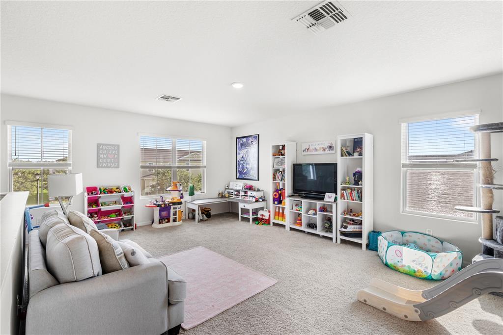 A carpeted playroom features a gray sofa, toy storage units, a television, and a slide — 9024 ALBA LANE, KISSIMMEE, FL