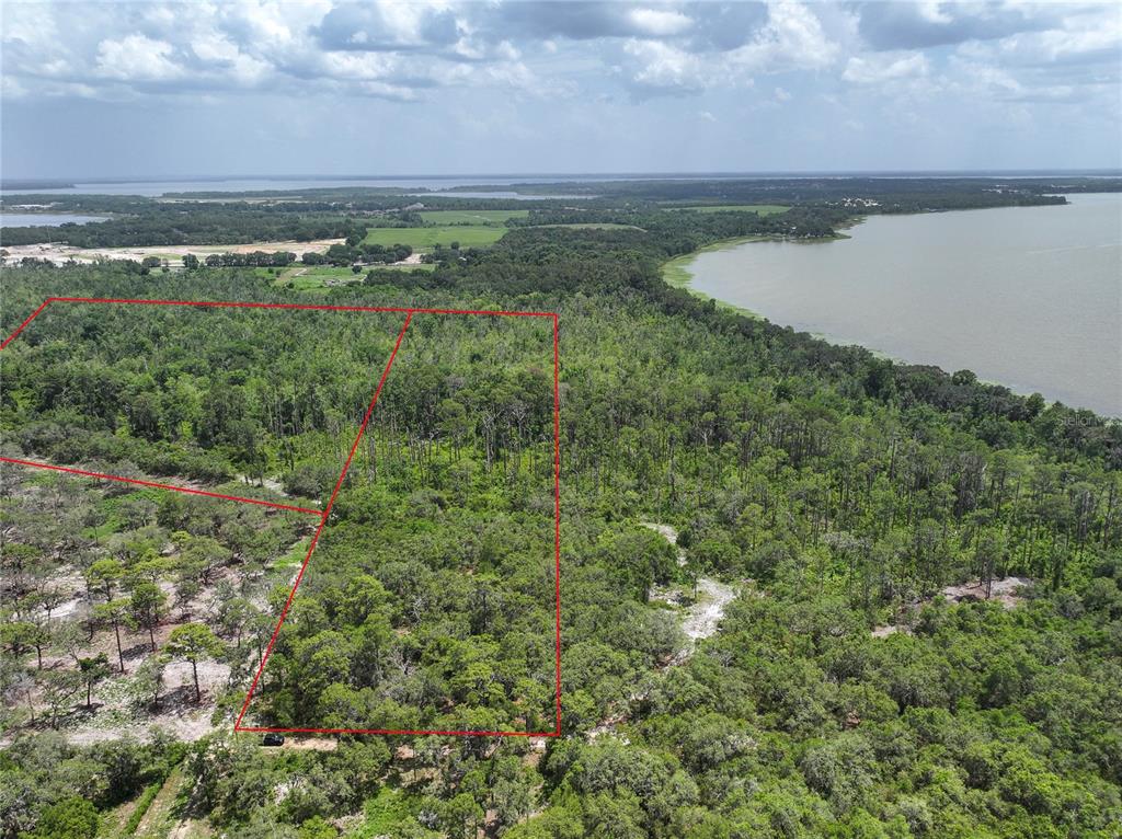 An aerial view shows a wooded plot of land outlined in red near a lake — 0 TREASURE ISLAND ROAD, LEESBURG, FL