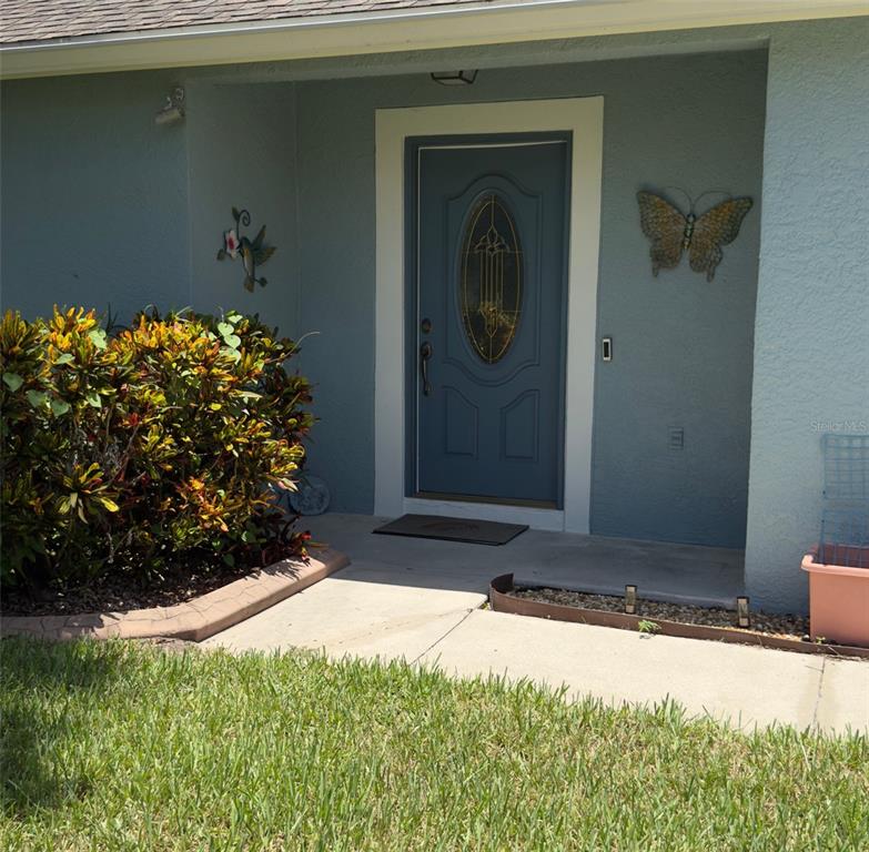A blue front door with a decorative glass insert is set in a light blue wall — 19238 WEYMOUTH DRIVE, LAND O LAKES, FL