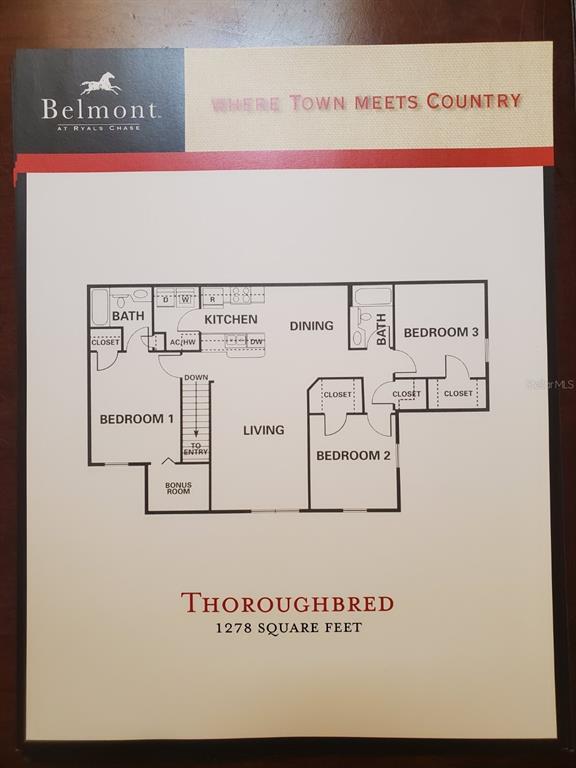 This is a floor plan for a three-bedroom, two-bathroom residential unit titled Thoroughbred — 5903 WILLOW RIDGE DRIVE UNIT 203, ZEPHYRHILLS, FL