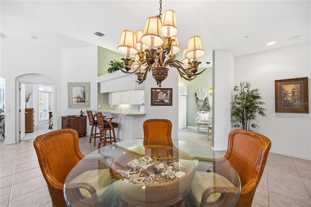 A dining area features a glass-topped wicker table, a decorative chandelier, and an adjacent kitchen — 115 WOODBRIDGE DRIVE UNIT 201, VENICE, FL