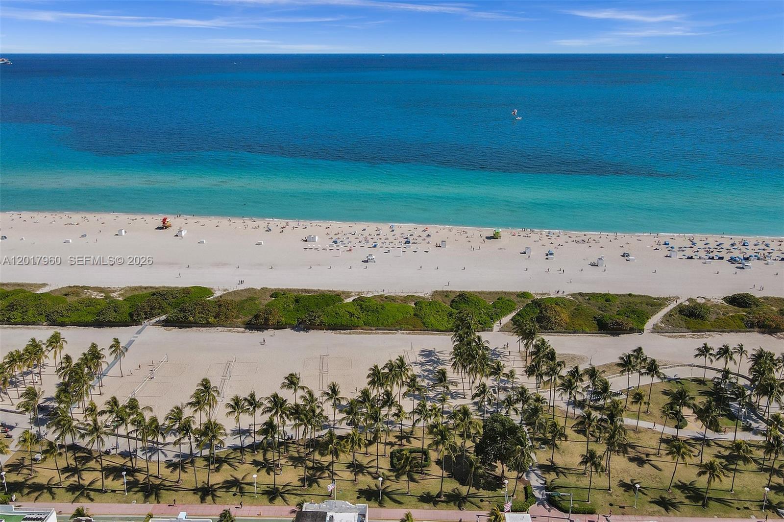 An aerial view shows a sandy beach, turquoise ocean, and a palm-filled park — 713 Collins Ave # 42, Miami Beach FL 33139, MIAMI BEACH, FL