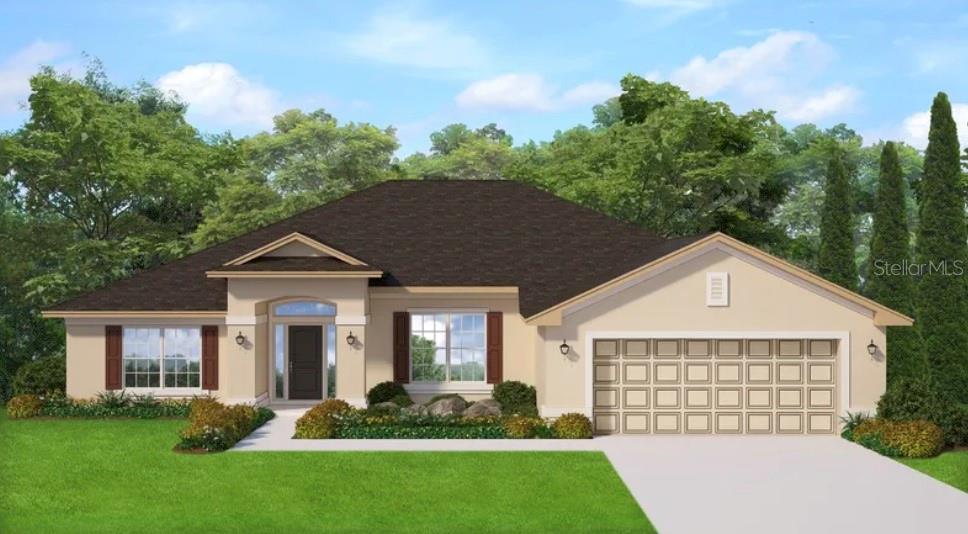 This is a rendering of a single-story suburban house with a tan stucco exterior — 1385 WINSLOW LANE, NORTH PORT, FL
