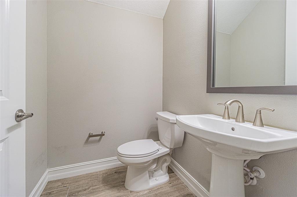 A small bathroom features a pedestal sink, a white toilet, and wood-look tile flooring — 5062 SAN MARTINO DRIVE, WESLEY CHAPEL, FL