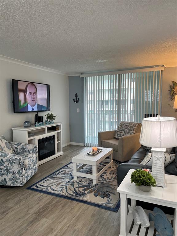 A living room features a television, fireplace console, patterned armchair, coffee table, and area rug — 2727 N ATLANTIC AVENUE UNIT 414, DAYTONA BEACH, FL