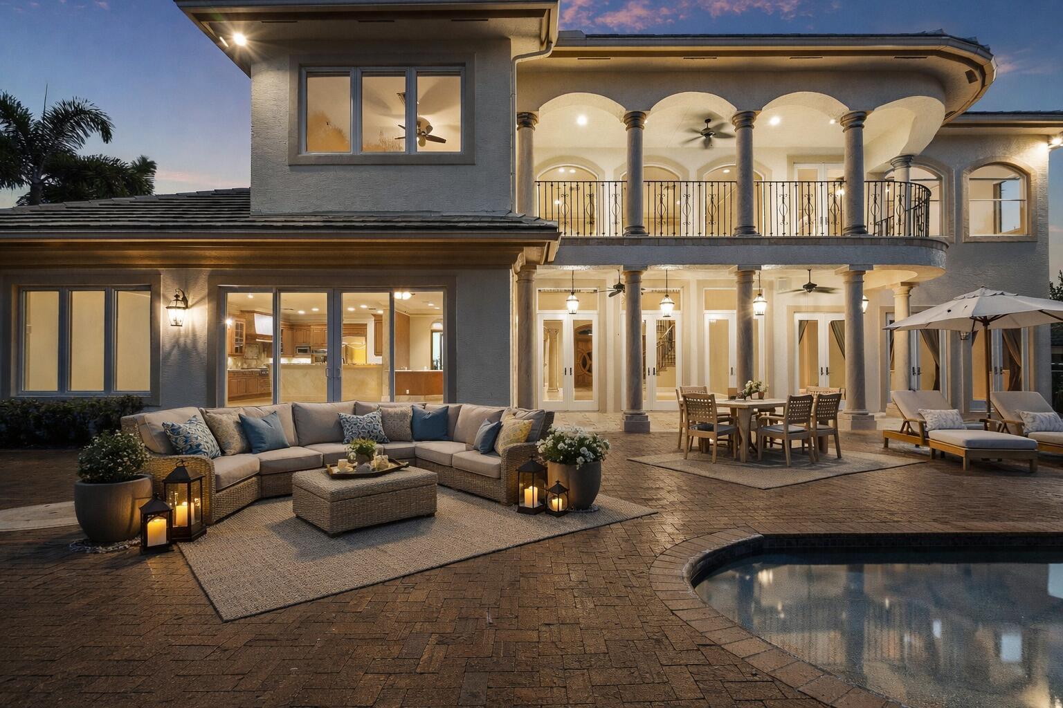 A two-story house with a patio, outdoor seating, and a swimming pool at dusk — 4255 Gleneagles Drive, Boynton Beach FL 33436, BOYNTON BEACH, FL