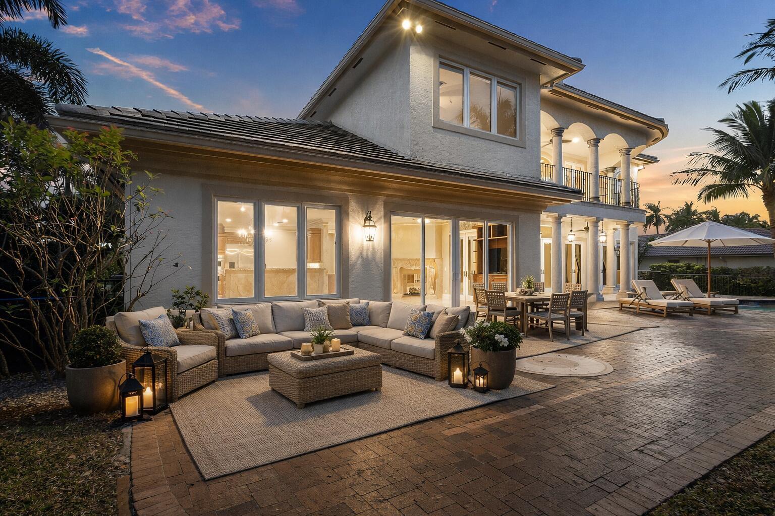 A patio with a sectional sofa and dining set sits outside a two-story stucco house — 4255 Gleneagles Drive, Boynton Beach FL 33436, BOYNTON BEACH, FL