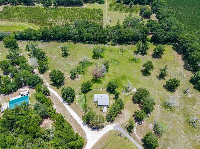 Aerial view of a rural property featuring a house, outbuilding, and surrounding wooded pasture — 289 SW PURITAN PLACE, LAKE CITY, FL