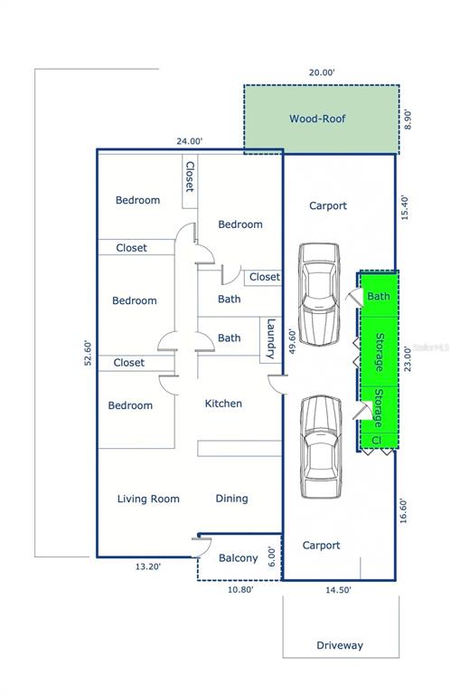 This floor plan shows a residential layout with four bedrooms, two baths, and a carport — SR 659 Villas del Capitan SOLANDRA ST UNIT AA-12, ARECIBO, PR