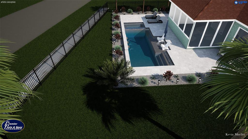 This 3D rendering shows a backyard with a rectangular swimming pool, patio, and landscaping — 1963 EDGEWATER DRIVE, CLEARWATER, FL