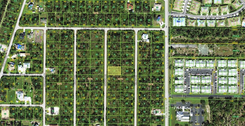 This is an aerial map showing a grid of residential lots and streets — 3270 DUNKIRK STREET, PORT CHARLOTTE, FL