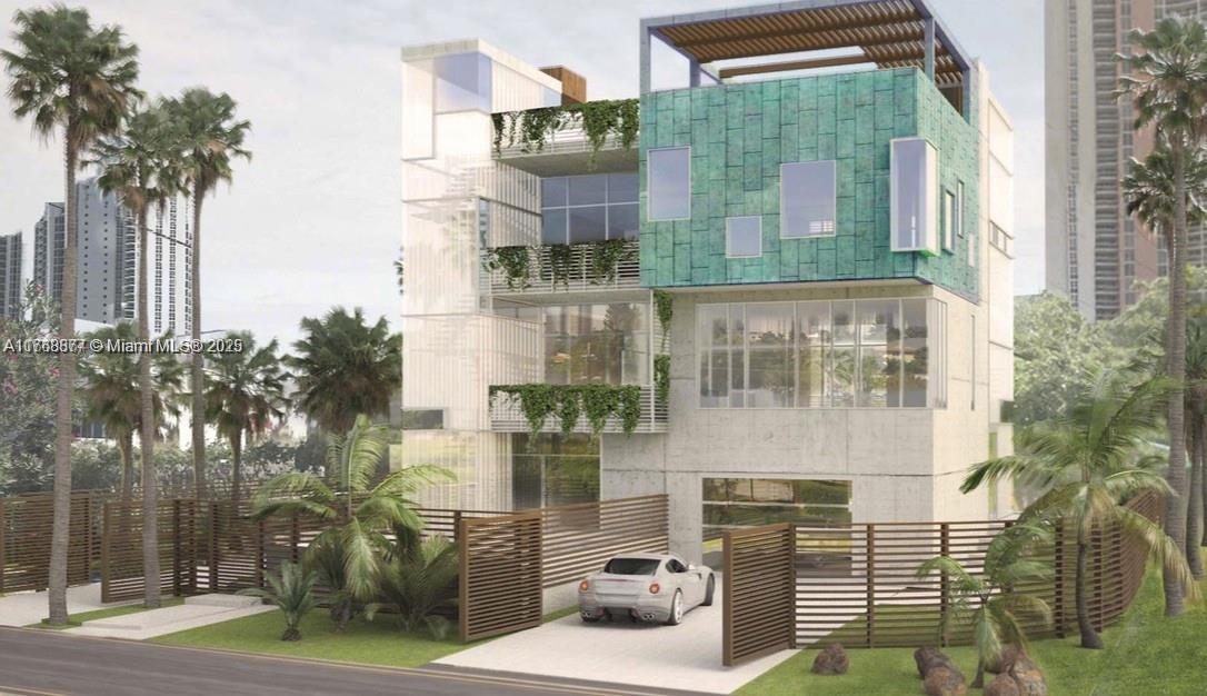 This architectural rendering shows a modern three-story house with a green tiled facade and fencing — 18825 Atlantic Blvd, Sunny Isles Beach FL 33160, SUNNY ISLES BEACH, FL