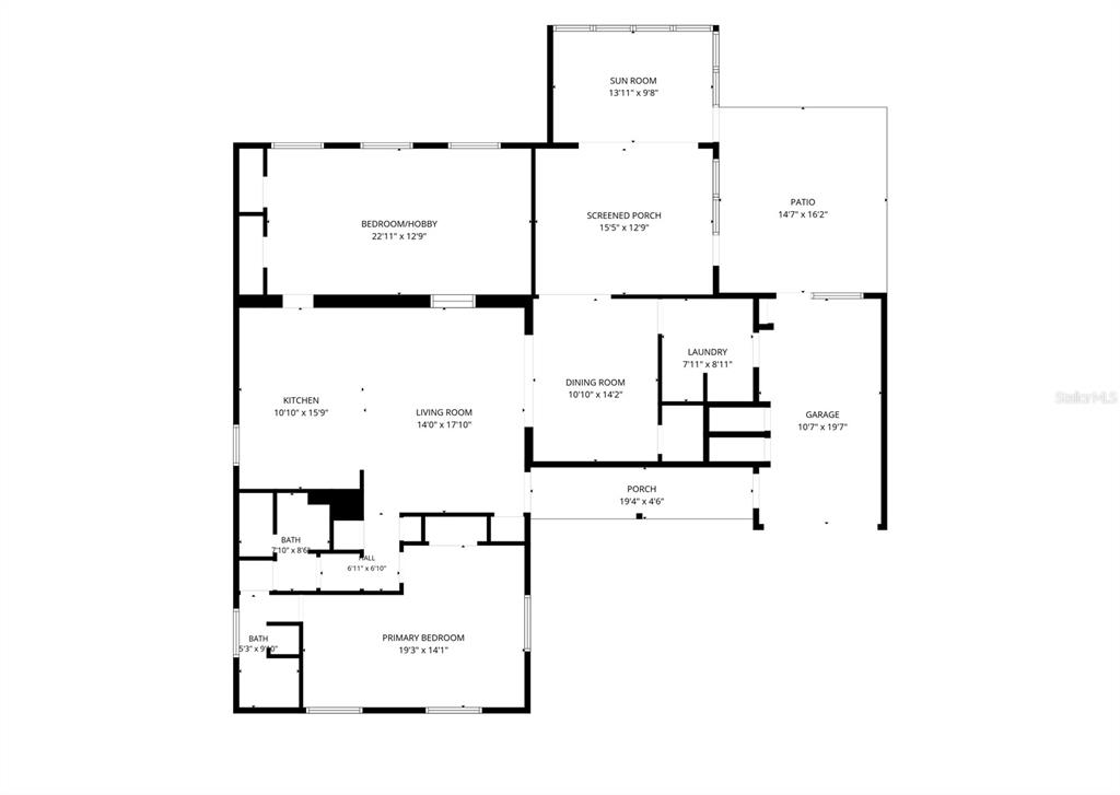This is a floor plan showing the layout of a single-story house with a garage — 7163 FIRESIDE STREET, SPRING HILL, FL
