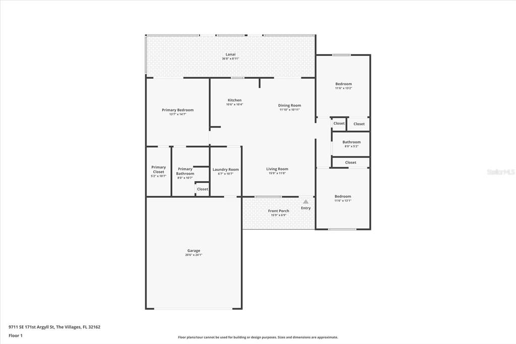This is a floor plan for a single-story house with a garage and a lanai — 9711 SE 171ST ARGYLL STREET, THE VILLAGES, FL