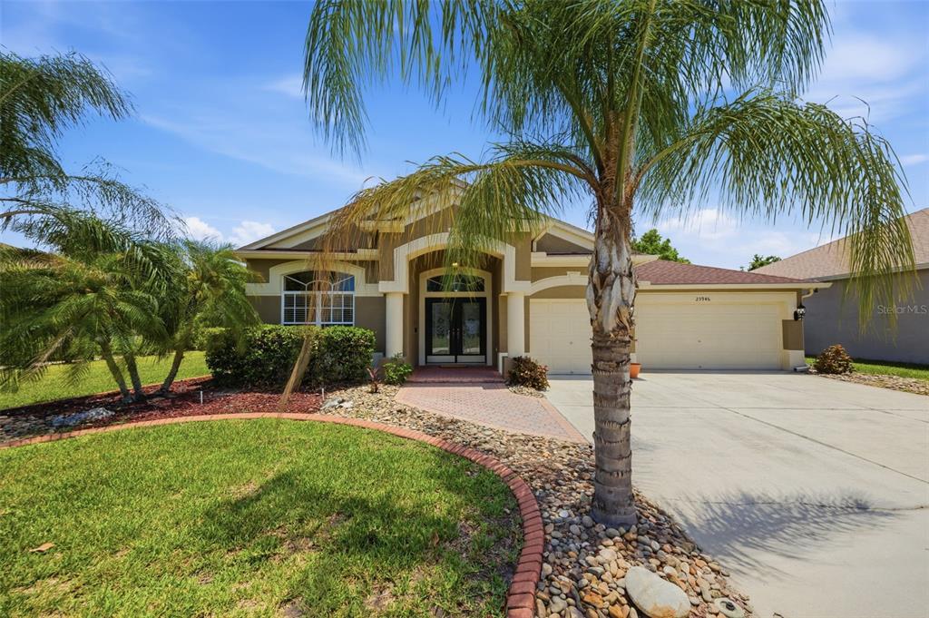 A single-story house with a tan stucco exterior, a paved walkway, and a palm tree — 25946 RISEN STAR DRIVE, WESLEY CHAPEL, FL