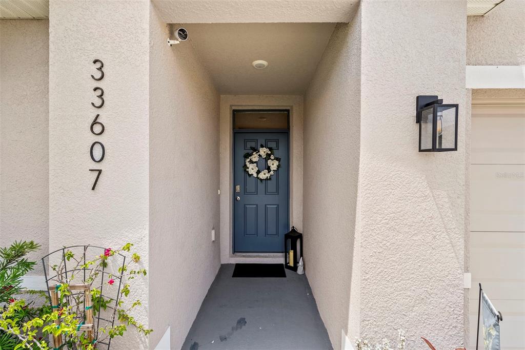 A blue front door with a wreath is set within a covered entryway — 33607 HAMILTON HILL LANE, WESLEY CHAPEL, FL