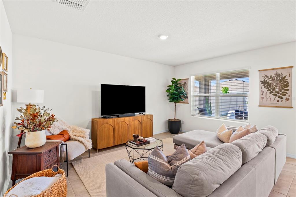 A living room features a sectional sofa, a television on a wooden console, and windows — 33607 HAMILTON HILL LANE, WESLEY CHAPEL, FL