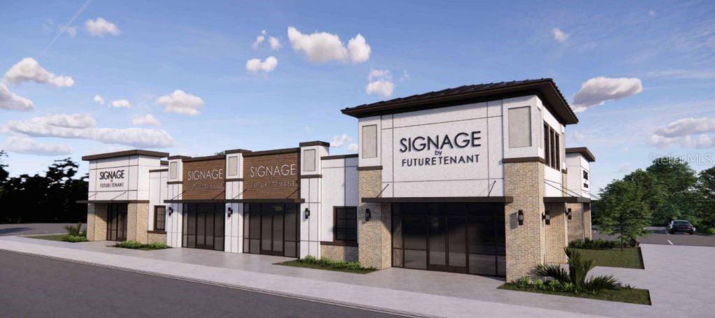This is a digital rendering of a modern, single-story commercial retail strip center — 5068 OLD TAMPA HWY UNIT 04, KISSIMMEE, FL