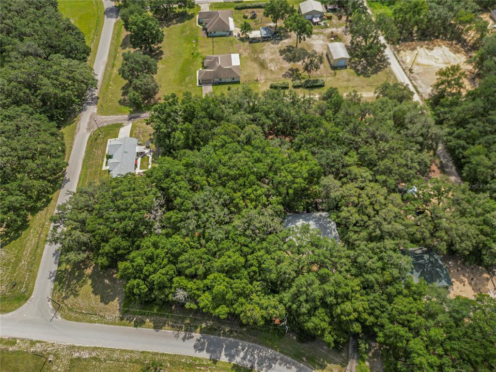 An aerial view shows a house surrounded by dense trees near a paved road — TBD SW 134 TER, DUNNELLON, FL