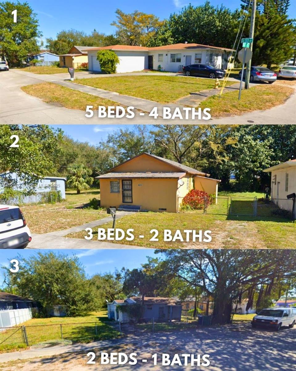 A composite image shows three separate single-story residential houses with their respective bedroom and bathroom counts — 4501 NW 33rd Ave, Miami FL 33142, MIAMI, FL