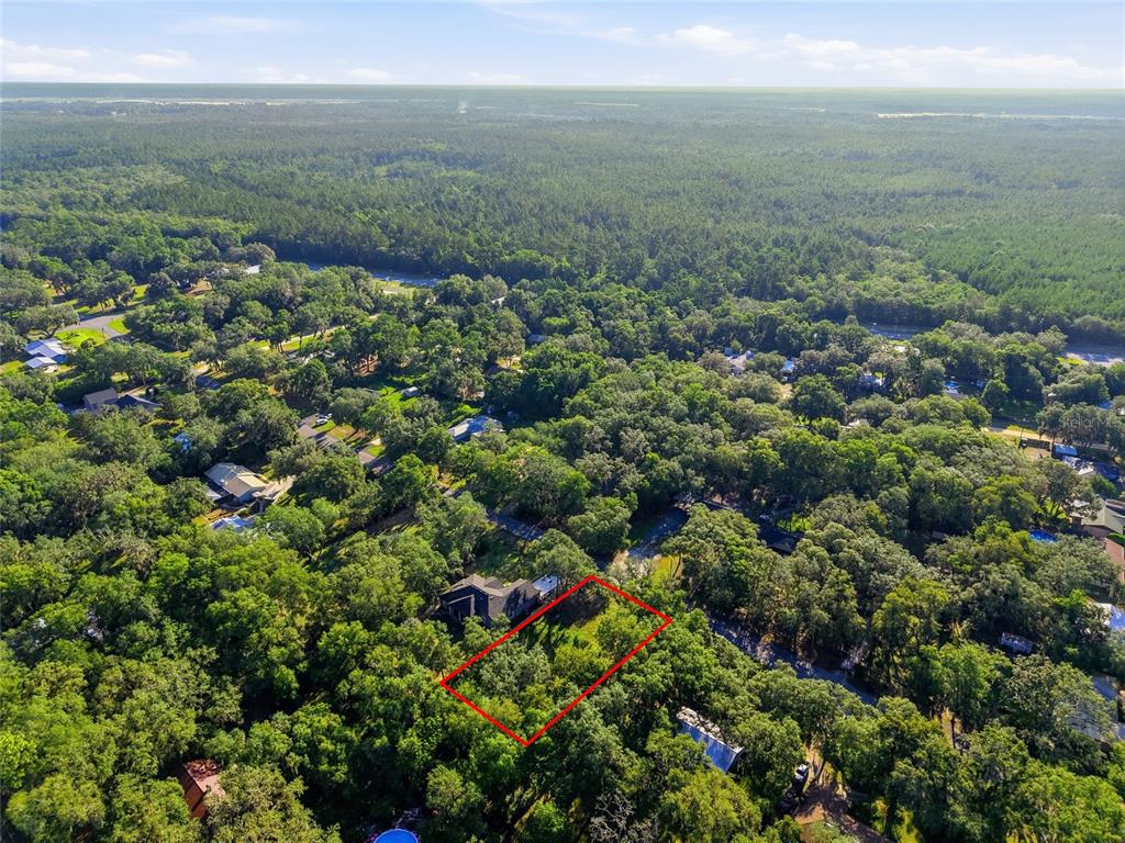 An aerial view shows a rectangular wooded lot outlined in red next to a house — 00 SE 2ND AVENUE, MELROSE, FL