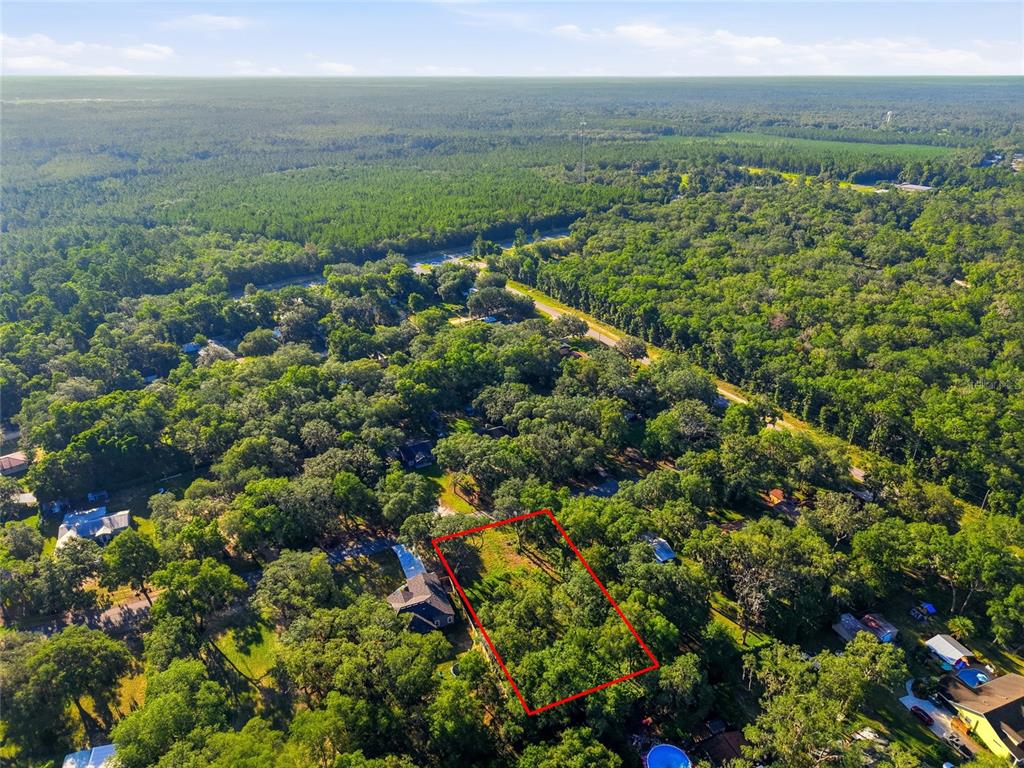 An aerial view shows a wooded residential lot outlined in red — 00 SE 2ND AVENUE, MELROSE, FL