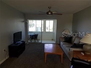 A living room features a ceiling fan, a television on a stand, and a sofa — 5245 AMULET DRIVE UNIT 309, NEW PORT RICHEY, FL