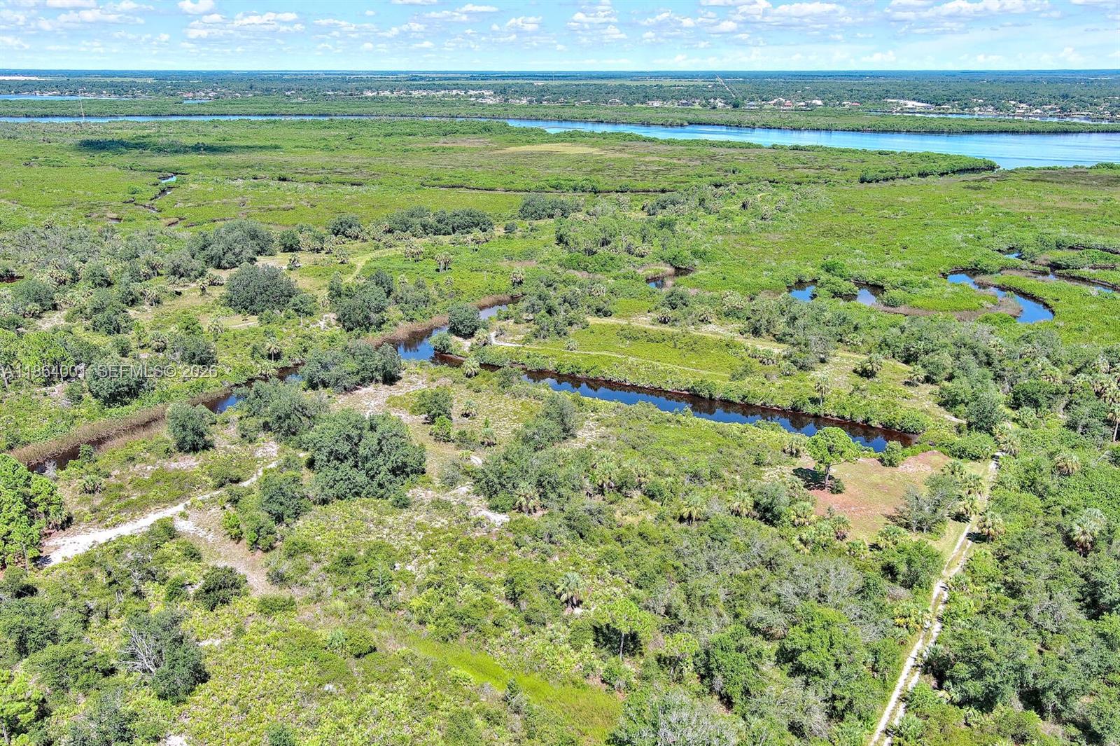 An aerial view shows a winding creek flowing through a dense, green coastal landscape — 1353 Wallaroo Ct, Punta Gorda FL 33983, PUNTA GORDA, FL