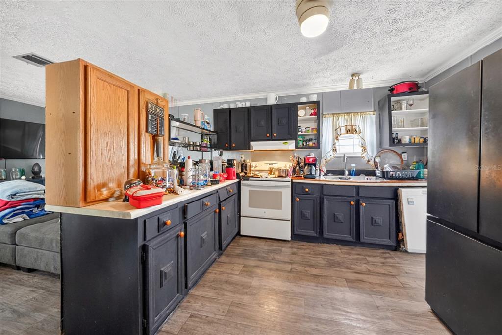 A kitchen features dark painted cabinets, a white stove, and wood-look flooring — 56 MEADOW WAY, FROSTPROOF, FL