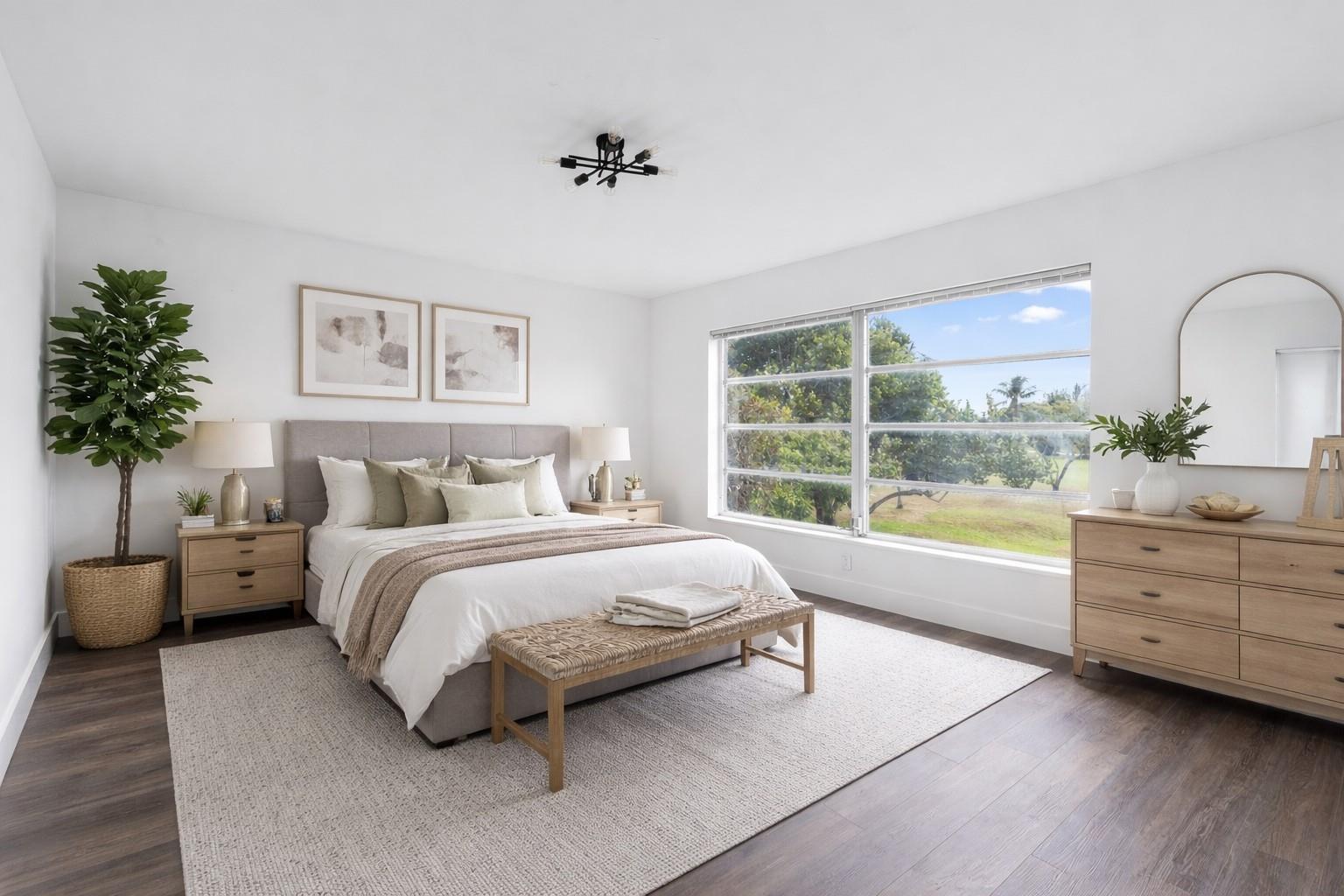 A bright bedroom features a queen bed, wooden dresser, large window, and light wood flooring — 2800 N Palm Aire Drive # 310, Pompano Beach FL 33069, POMPANO BEACH, FL