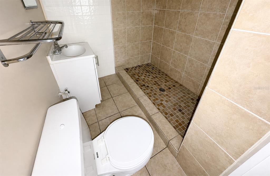 A bathroom features a tiled walk-in shower, a white vanity sink, and a toilet — 308 N PENINSULA DRIVE, DAYTONA BEACH, FL