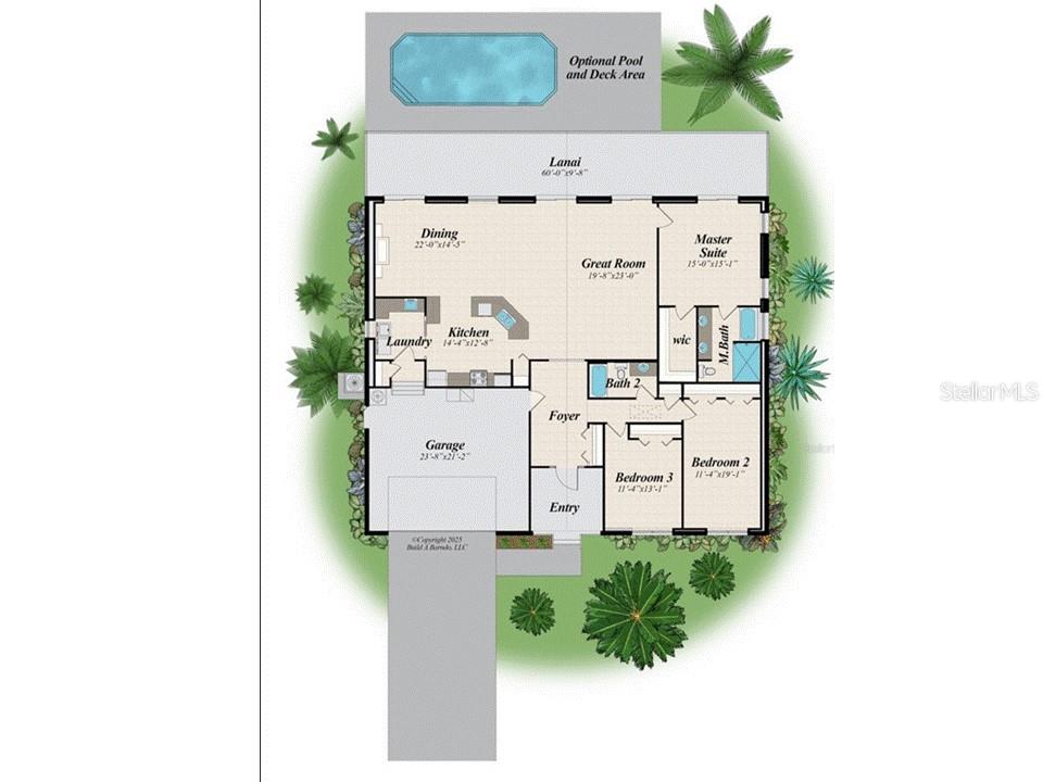 This is a floor plan for a three-bedroom house with a garage and optional pool — 13018 CHAMBERLAIN BOULEVARD, PORT CHARLOTTE, FL