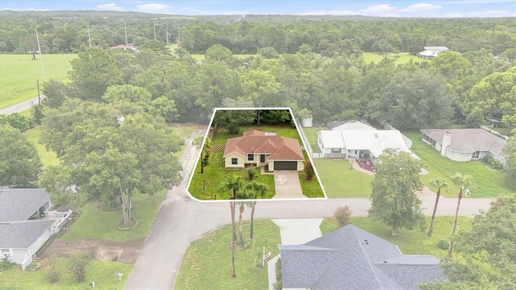 An aerial view shows a single-story house with a brown roof and driveway — 4051 S WINDING OAKS DRIVE, HOMOSASSA, FL