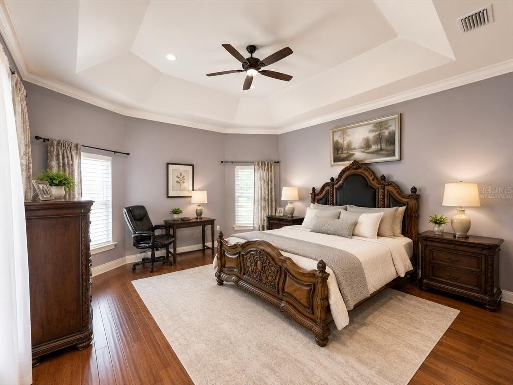 A bedroom features a tray ceiling, dark wood furniture, and a large area rug — 2832 VINTAGE VIEW LOOP, LAKELAND, FL