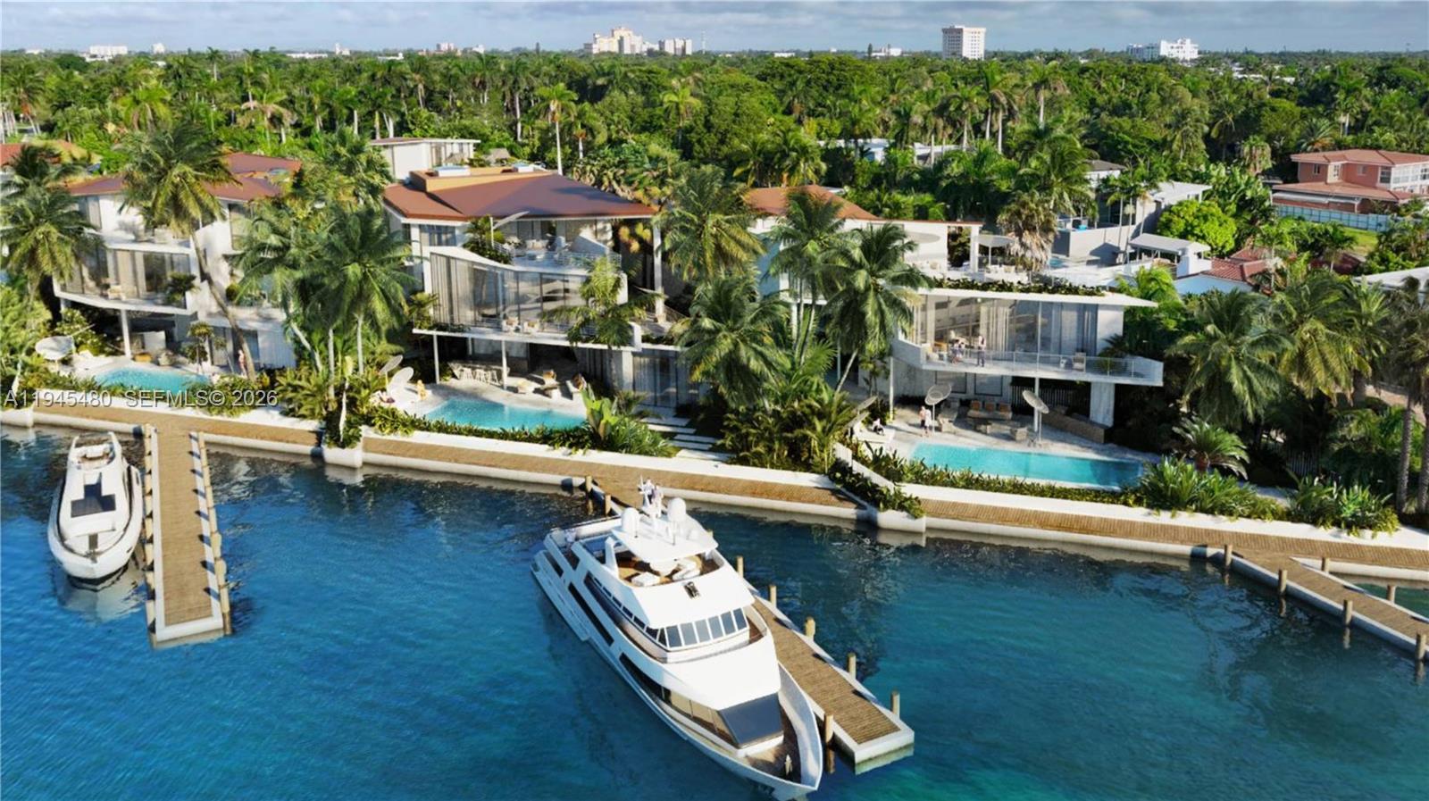 This is a rendering of two modern waterfront homes with private pools and docked yachts — 7111 NE 10 Ave, Miami FL 3313, MIAMI, FL