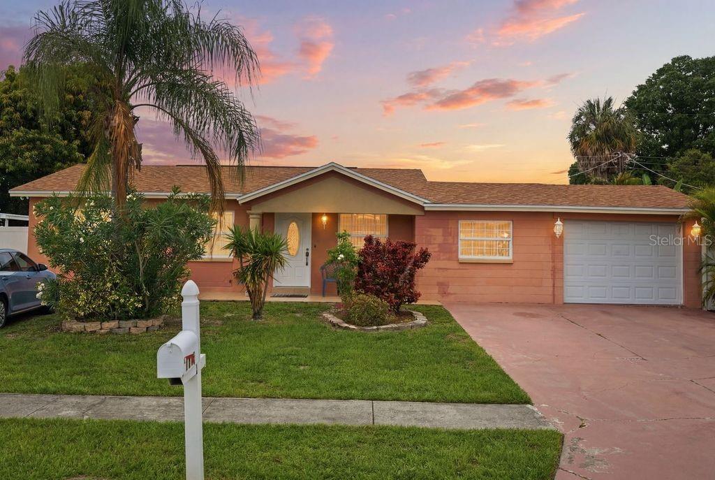 A single-story house with a pink exterior, a front lawn, and an attached garage — 4914 HOLIDAY DRIVE, TAMPA, FL