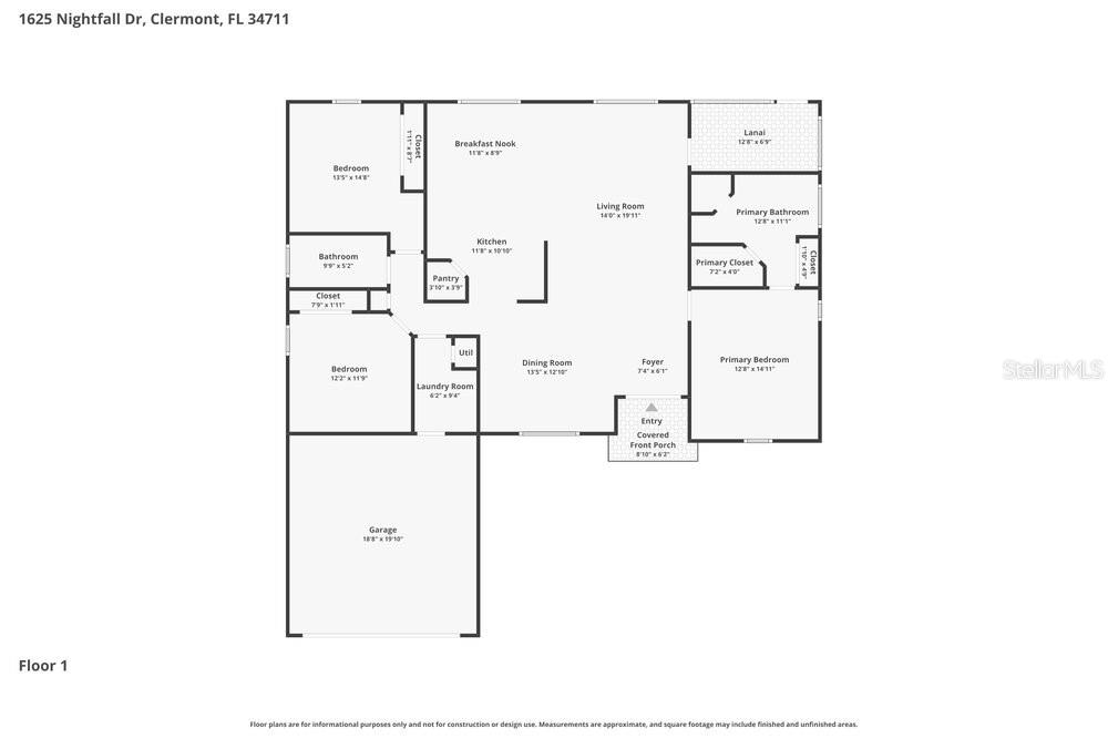 This is a floor plan for a single-story house with three bedrooms and a garage — 1625 NIGHTFALL DRIVE, CLERMONT, FL